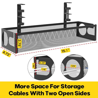 Under Desk Cable Management Tray No Drill 15.1’’, Metal Mesh Cable Management Box with Hybrid Side Slots Cable Raceway,Adjustable Cable Tray with Wire Management for Office Home,1 Pack (Black)