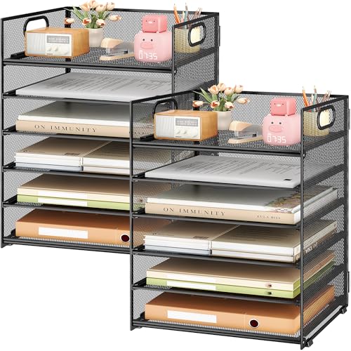 Subekyu 2-Pack 6-Tier Paper Tray Organizer for Desk - Black Mesh File Folder Sorter with Handles, Desk Letter Holder for Office, Home, School Supplies Storage & Organization - color: 2 Pack 6-tier - Black