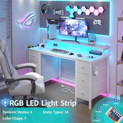 Lufeiya White Gaming Desk with Drawers & Storage Shelves, 47 inch Home Office Desk with Monitor Stand, Computer Desk with LED Lights and Power Outlets, White - color: White