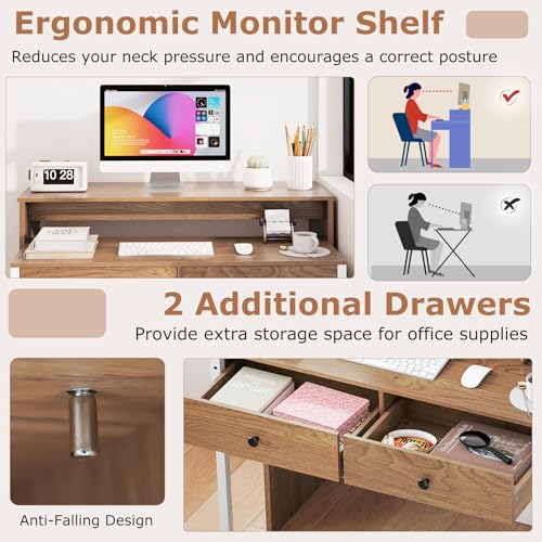 Tangkula Extendable Computer Desk with 2 Storage Drawers, Convertible Home Office Desk with Monitor Shelf, Metal Frame & Lockable Wheels, Rolling Study Writing Desk (Natural) - color: Natural