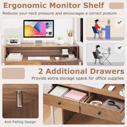 Tangkula Extendable Computer Desk with 2 Storage Drawers, Convertible Home Office Desk with Monitor Shelf, Metal Frame & Lockable Wheels, Rolling Study Writing Desk (Natural) - color: Natural