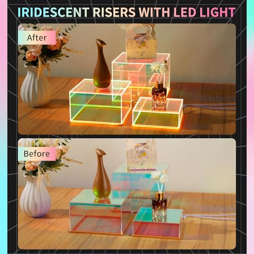3Pcs Iridescent Acrylic Display Riser with LED light Plug and Play | Lighted Stackable Acrylic Cube Boxes Stand with Hollow Bottom for Figures Jewelry Perfume Purse Liquor Food Buffet Riser - color: Iridescent-LED light-3pcs