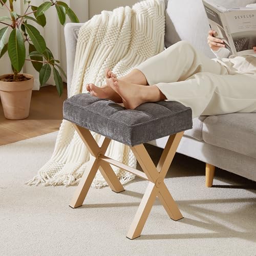Royal Windsor Vanity Stool,Square Ottoman Stool Foot Rest,Upholstered Vanity Chair Foot Stool with Metal X Legs, Small Vanity Seat for Entryway,Bedroom and Living Room,Dark Grey+Yellow - color: 12.6"d Dark Grey+yellow