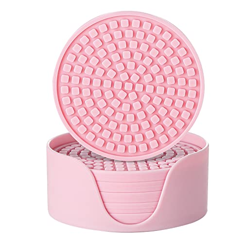 Colinda Silicone Drink Coasters with Holder, Set of 6, Outdoor Cup Mat for Hot or Cold Drinks, Thickened, Non-Slip,Non-Stick, Pink - color: Pink