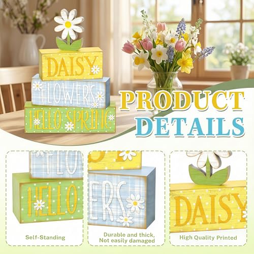 4Pcs Daisy Flower Hello Spring Wooden Stack Signs Rustic Farmhouse Tiered Tray Decor Yellow Blue Floral Wooden Table Decor for Spring Home Kitchen Office Gift - style: Hello Spring Daisies