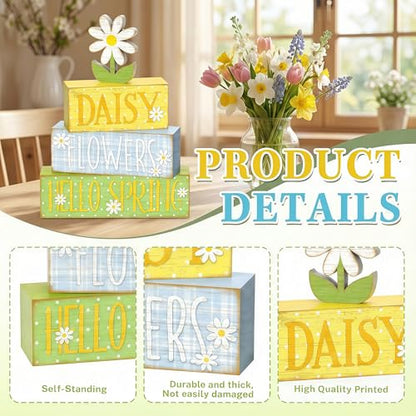 4Pcs Daisy Flower Hello Spring Wooden Stack Signs Rustic Farmhouse Tiered Tray Decor Yellow Blue Floral Wooden Table Decor for Spring Home Kitchen Office Gift - style: Hello Spring Daisies