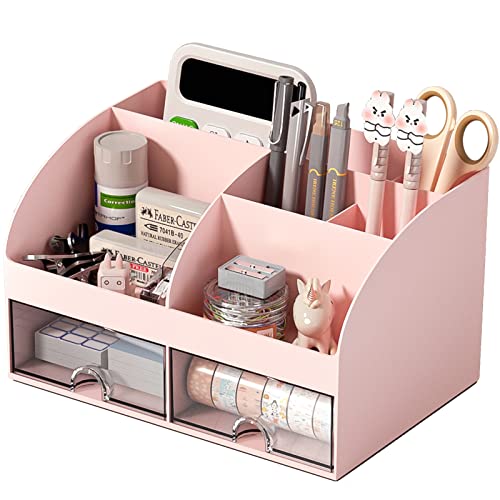 COMFYROOM Desk Organizer with 6 Compartments and 2 Drawers, Plastic Makeup Organizer, Pen Holder for Desktop Storage, Desk Organization for School, Home, Office Supplies (Pink) - color: Pink