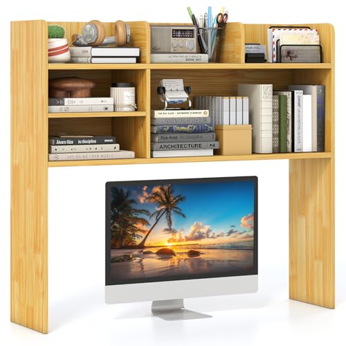 Giantex Desktop Bookshelf, 37" Desk Hutch Dorm for Computer Up to 32 Inch, Countertop Hutch w/6 Storage Shelves, 3-Tier Desktop Organizer Display Rack, Wood Desk Shelf for Home Office (Burlywood) - color: Burlywood, size: 6 Shelves (33.5"H)