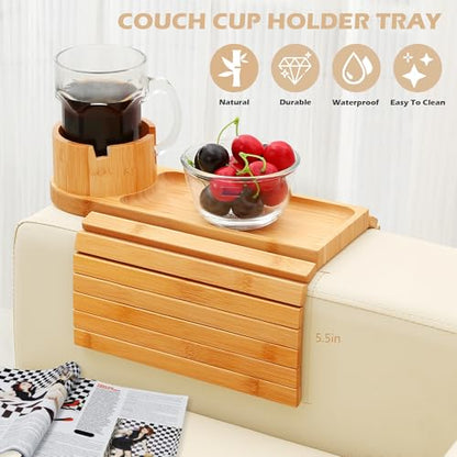 Couch Cup Holder Tray, 15.75" Bamboo Cup Holder for Couch, 3 in 1 Foldable Arm Chair Clip on Side Tray Table for Remote Snack Table on Armrest - color: Bamboo