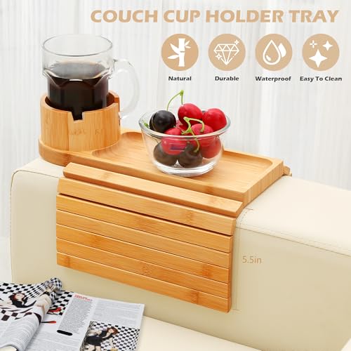 Couch Cup Holder Tray, 15.75" Bamboo Cup Holder for Couch, 3 in 1 Foldable Arm Chair Clip on Side Tray Table for Remote Snack Table on Armrest - color: Bamboo