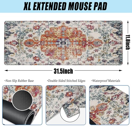Large Gaming Mouse Pad for Desk,Boho Carpet Style Desk Mat for Desktop,Boho Rug Desk Pad, Extended Big Computer Keyboard Mouse Pad with Non-Slip Base and Stitched Edges 31.5"x11.8" - color: Boho Carpet Style-1, size: XL-31.5"x11.8"