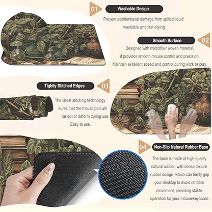 Retro Olive Green Plant XL Large Extended Gaming Mouse Pad Cool Plants Lovers Desk Mat with Stitched Edges, Non-Slip Rubber Base Mousepad, Laptop Computer Keyboard and Mouse Mat 31.5x11.8 in - color: Olive Green Plant, size: 31.5" x 11.8"