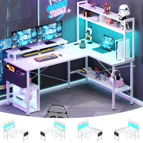 Aheaplus L Shaped Gaming Desk with Power Outlets & LED Lights, Small L- Shaped Desk Computer Corner Desk with Monitor Stand & Storage Shelf, Home Office Desk Writing Desk with Storage Bag, White - color: White