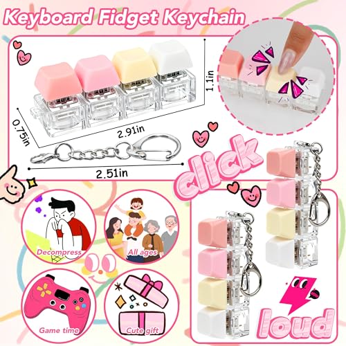 2 PCS 4-in-1 Keyboard Fidget Toy Keychain, Finger Clicky Button Toy Stress Relief Keychain with Swappable Keycaps, Mini Mechanical Key Fidget for Office Desk Focus Gifts (Pink Yellow White) - color: Pink Yellow White