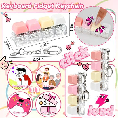 2 PCS 4-in-1 Keyboard Fidget Toy Keychain, Finger Clicky Button Toy Stress Relief Keychain with Swappable Keycaps, Mini Mechanical Key Fidget for Office Desk Focus Gifts (Pink Yellow White) - color: Pink Yellow White