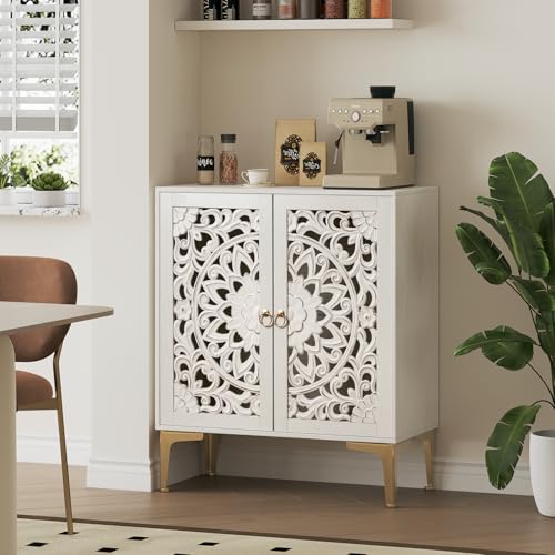 Jiansu furni 31.5" White Sideboard Buffet Cabinet, Mandala Carved Wood Accent Cabinet for Coffee Bar Station, Boho Entryway Storage Cabinet with Gold Legs, Decorative Console Table for Small Spaces - color: White & Gold_2 Doors