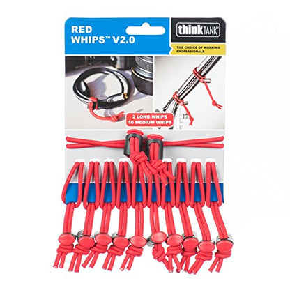 Think Tank Red Whips Adjustable Elastic Bungie Cable Ties V2.0 for Camera Accessories - 10 Regular, 2 Long Ties - Total Pack of 12