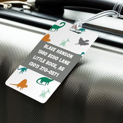 Personalized Dinosaur Luggage Tag / 2.75" x 4" Custom Prehistoric Bag Tag/Double Sided Durable Plastic Child Luggage Tag with Plastic Strap/Made in The USA - style: Dinosaur