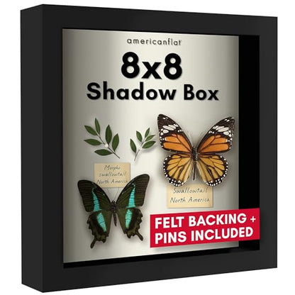 Americanflat 8x8 Shadow Box Frame with Shatter-Resistant Glass - Silhouette Collection - Small Shadow Box Display Case for Tabletop and Wall Display - Black with Soft Felt Back - color: Black, size: 8x8