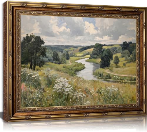 Electrilucn Rustic Landscape Canvas Print Vintage Gold Frame Wall Art River and Wildflowers Wall Decor Country Farmhouse Nature Painting Pictures Cottage Artwork for Living Room Bedroom Decor 12x16in - color: Rural Art, size: 16"L x 12"W