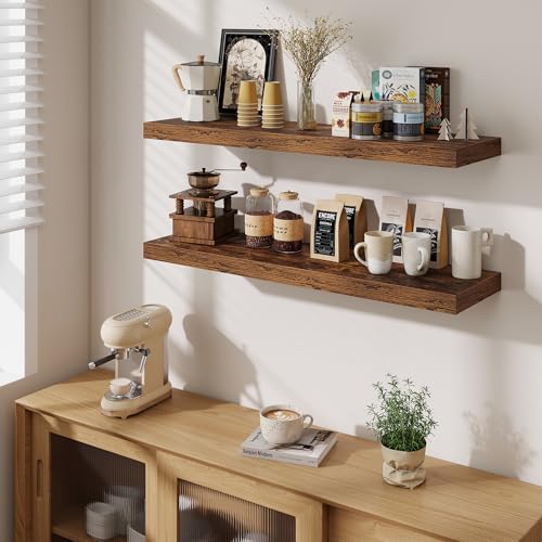 Fun Memories Floating Shelves Set of 2, 40 Inch Long Wooden Wall Shelves, 10 Inch Deep Wall Mounted Storage Shelf with Metal Brackets for Living Room, Bathroom, Bedroom and Kitchen, Rustic Brown - color: Brown Color, size: 40W x 10D x 1.5H