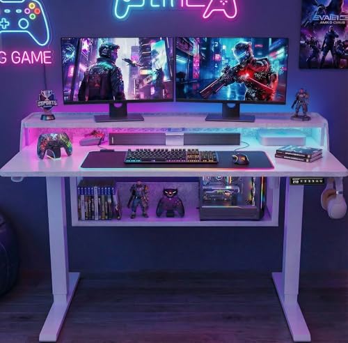 ErGear Electric Standing Desk, 48x24 Inch Adjustable Sit Stand Desk with Bookshelf & Monitor Stand, Standing Gaming Desk with LED Light Strip, Stand Up Desk for Home Office, White - color: White, size: 48*24 Inch with shelf