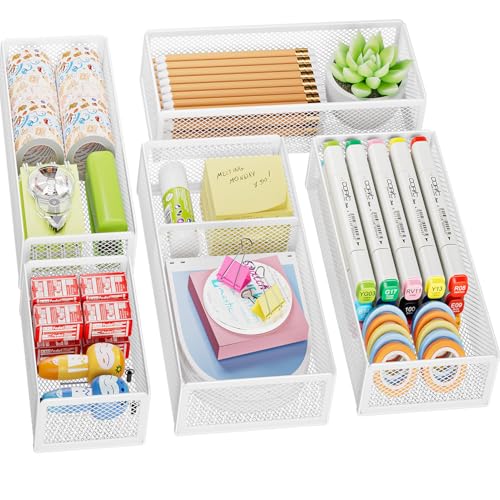 Marbrasse 5 Pack Desk Drawer Organizer Set, Mesh Drawer Storage Trays with 1 Adjustable Divider, Desk Organizers and Accessories, 5 PCS Drawer for Office Supplies, Makeup & Vanity (White) - color: White