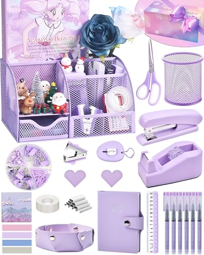 Purple Desk Accessories, 26Pcs Office Supplies and Desk Organizers, with Tape Dispenser, Stapler, Staple Remover Ect, Gift Box Packaging - color: Purple