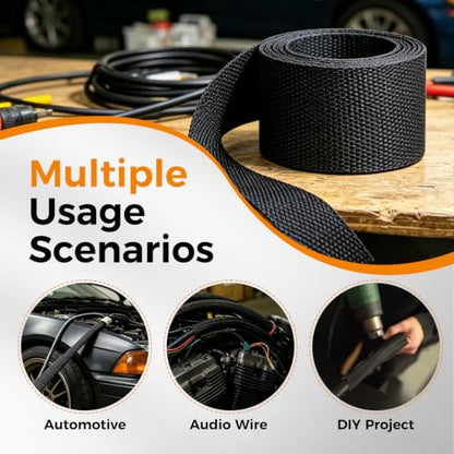 Black 2:1 Ratio Automotive Heat Shrink Braided Sleeving,Wear-Resistant Flat Woven Shrinkable Sleeve Fabric Car Cable Wires Hoses Protection (3/8"-26ft) - size: 3/8"-26ft