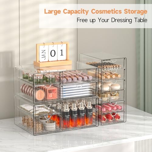 Makeup Drawer Storage Organizer with 13 Drawers, 3 Set Acrylic Office Desk Organization and Storage, Dustproof Drawer Organizer for Makeup, Office, Countertop, Jewelry, Pen, Desktop, Bathroom, Bedroom - size: 13 Drawers