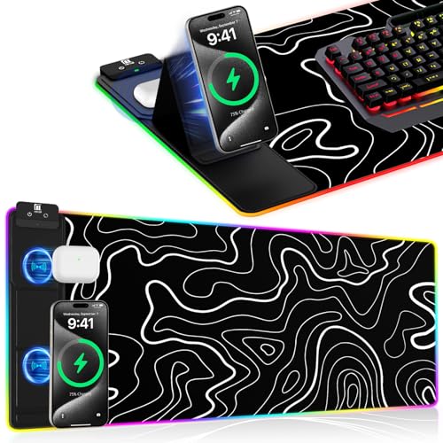 XXL Mouse Pad with Phone Holder - Black, RGB Desk Mat with 15W Fast Charging, LED Gaming Mousepad with 11 Light Colors, Waterproof Non-Slip Pad for Office & Home (Topographic) - color: Topographic