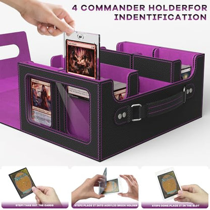 Commander Deck Box for MTG Fits 400+ Double-Sleeved Card Storage, 4 IN 1 Removable Card Case with Multi-purpose Deck Case, Display Window for TCG/PTCG/EDH, 4 Magnetic One Touch Holders(Black Purple) - color: Black Purple