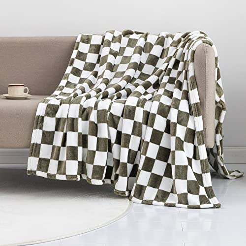 LOMAO Throw Blankets Flannel Blanket with Checkerboard Grid Pattern Soft Throw Blanket for Couch, Bed, Sofa Luxurious Warm and Cozy for All Seasons (Dark Olive, 90"x90") - color: Dark Olive, size: 90"x90"