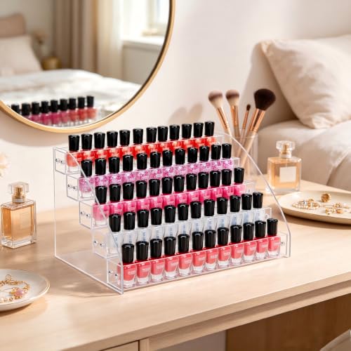 KINGROW Nail Polish Organizer Holder Rack 5 Layers Acrylic Display Rack Eyeglasses Shelf Essential Oils Ink Storage Holds Up to 80 (Fit 1-2oz Bottles) - size: 5 Layers
