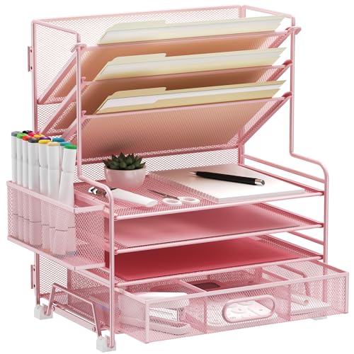MINDEPOT 4-Tier Paper Organizer + 3-Pocket File Holder + Drawer + Pen Holders, Desktop File Organizers Paper Tray for Office Supplies School Classroom Organization (Pink, with Drawer & Pen Holder) - color: Pink, with Drawer & Pen Holder