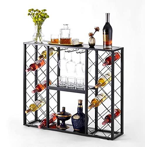 Mango Steam Wine Rack Console with Glass Table Top (34 Bottle, Black) - color: Black, size: 34 Bottle