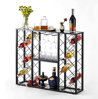 Mango Steam Wine Rack Console with Glass Table Top (34 Bottle, Black) - color: Black, size: 34 Bottle