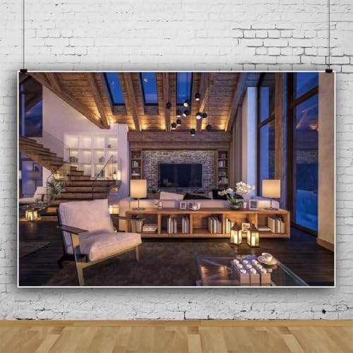 Yeele 9x6ft Living Room Backdrop Modern Cozy Apartment Night Living Room Sofa Wooden Staircase Photography Background for Live Video Online Meeting Video Conference Decor Photo Shoot Props - size: 9x6ft