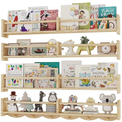 34Inch Nursery Bookshelves,Set of 4,Wall Floating Shelf Kids Coat Rack with 6Hooks,Hanging Book Shelf for Baby Nursery Room Décor， Patent Number: 29958098(Burlywood, 34) - color: Burlywood