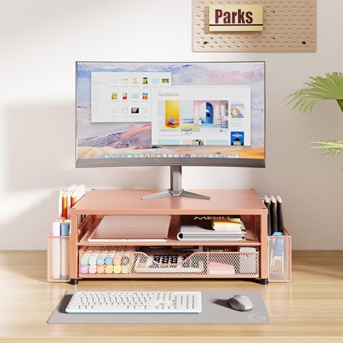 OPNICE Desk Organizers and Accessories, 2-Tier Computer Monitor Stand with Drawer and 2 Pen Holders, Laptop Stand, Office Desk Accessories for Office Supplies, Rose Gold - color: Rose Gold 1-Pack, size: Single