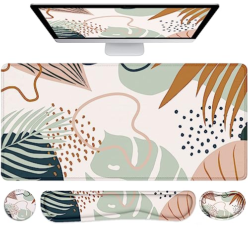 LATEEFAH Desk Mat, Mouse Pad with Wrist Rest, 4-in-1 Large Mouse Pads for Desk, Ergonomic Mouse Pad and Keyboard Wrist Rest Gaming Keyboard Mat for Office, Home - color: 4Pcs-Tropical Leaves