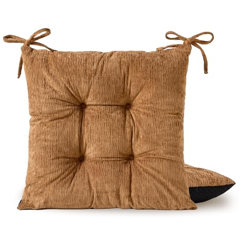 Chair Cushions for Dining Chairs, Seat Cushions for Kitchen Chairs | Chair Pads with Ties and Non Slip Backing (2, Caramel Brown, 16.5 x 16.5 x 2 inches) - color: Caramel Brown, size: 16.5 x 16.5 x 2 inches