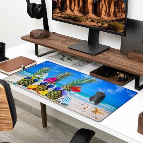 Gaming Mouse Pad, Large Mouse Pads for Desk, Non-Slip Rubber Base Mousepad, Keyboard Mouse Mat, Desk Pad with Stitched Edges, 31.5x11.8 inch Beach Pineapple - color: Beach Pineapple, size: 31.5L x 11.8W inches