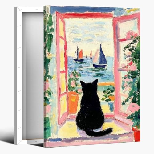 Vintage Colorful Black Cat Wall Art Funny Floral Oil Painting Poster Aesthetic Animal Print Window Landscape Picture for Dorm Bedroom Gallery Living Room or Pet Lover 8x12inch Framed - color: Colorful - Wooden Framed, size: 8"L x 12"W