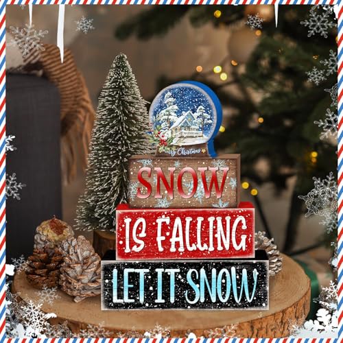 Britimes 4 Pcs Winter Table Decor Christmas Snow Globe Tiered Tray Decorations Set Snowflake Block Signs Gift Rustic Farmhouse Tabletop Decor for Table & Home Office - style: Snow Globe Christmas