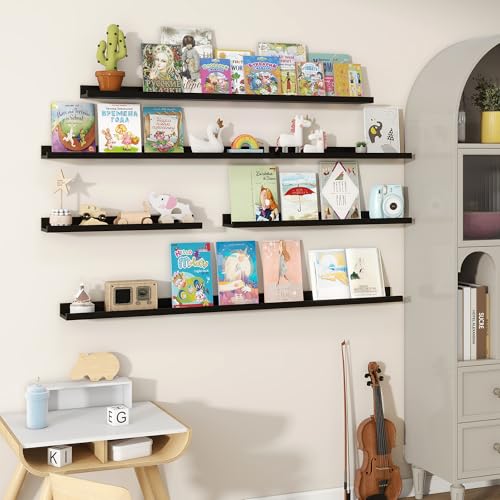 Fun Memories Picture Ledge Shelves Set of 2, 24 Inch Rustic Wall Mounted Floating Shelves with Lip for Home Storage and Décor in Bathroom, Kitchen, Nursery, Bedroom, Living Room, Black - color: Black, size: 24 inch, Set of 2