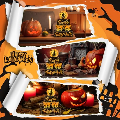 Britimes 4 Pcs Halloween Decorations for Home Wooden Tiered Tray Decorations Set Full Moon Happy Halloween Table Decor Farmhouse Rustic Tabletop Decor for Table & Home Office - style: Haunted House