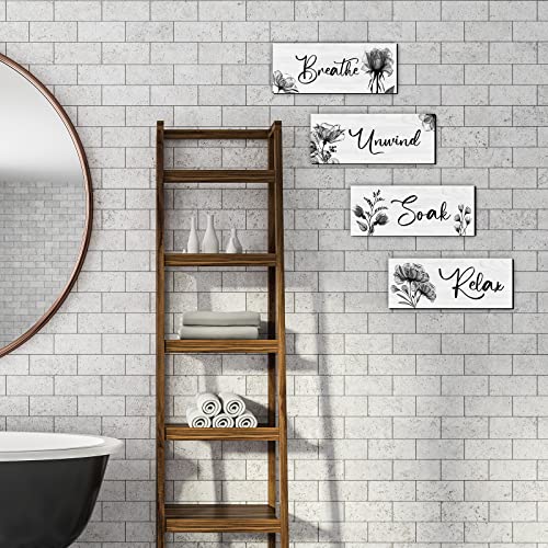 4 Pieces Bathroom Wall Art Rustic Farmhouse Decor Sign Relax Soak Unwind Breathe Wood Hanging Sign for Home Spa Bathroom Laundry Decor
