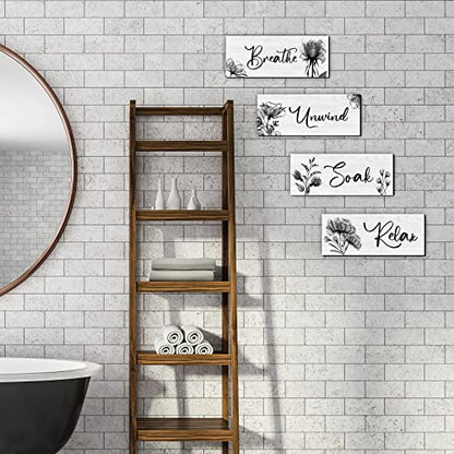 4 Pieces Bathroom Wall Art Rustic Farmhouse Decor Sign Relax Soak Unwind Breathe Wood Hanging Sign for Home Spa Bathroom Laundry Decor