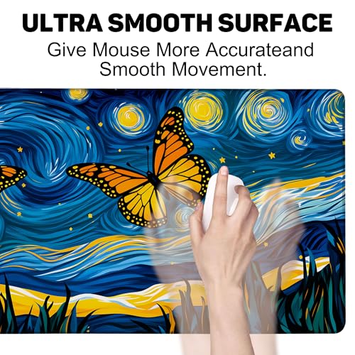 Starry Night Butterflies Gaming Mouse Pad Large Desk Mat Extended Keyboard Anime Mousepad with Non-Slip Base and Stitched Edge for Desk Home Office Gaming,35.4 x 15.7 Inch - color: Starry Night Butterflies, size: 15.7*35.4inch